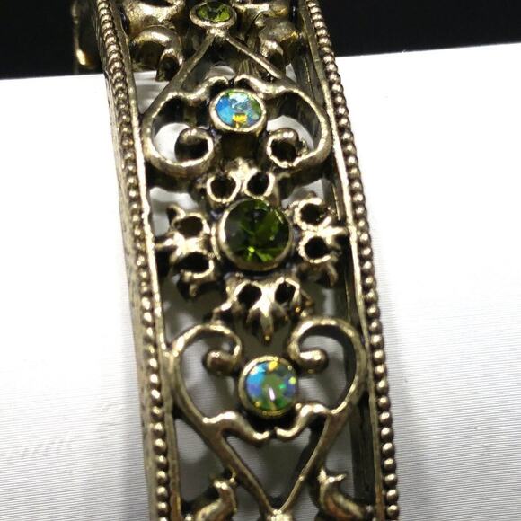 Brass Filigree Purple Green Rhinestone Hinged Bracelet, Magnetic Clasp, 7 Inches - Picture 2 of 8